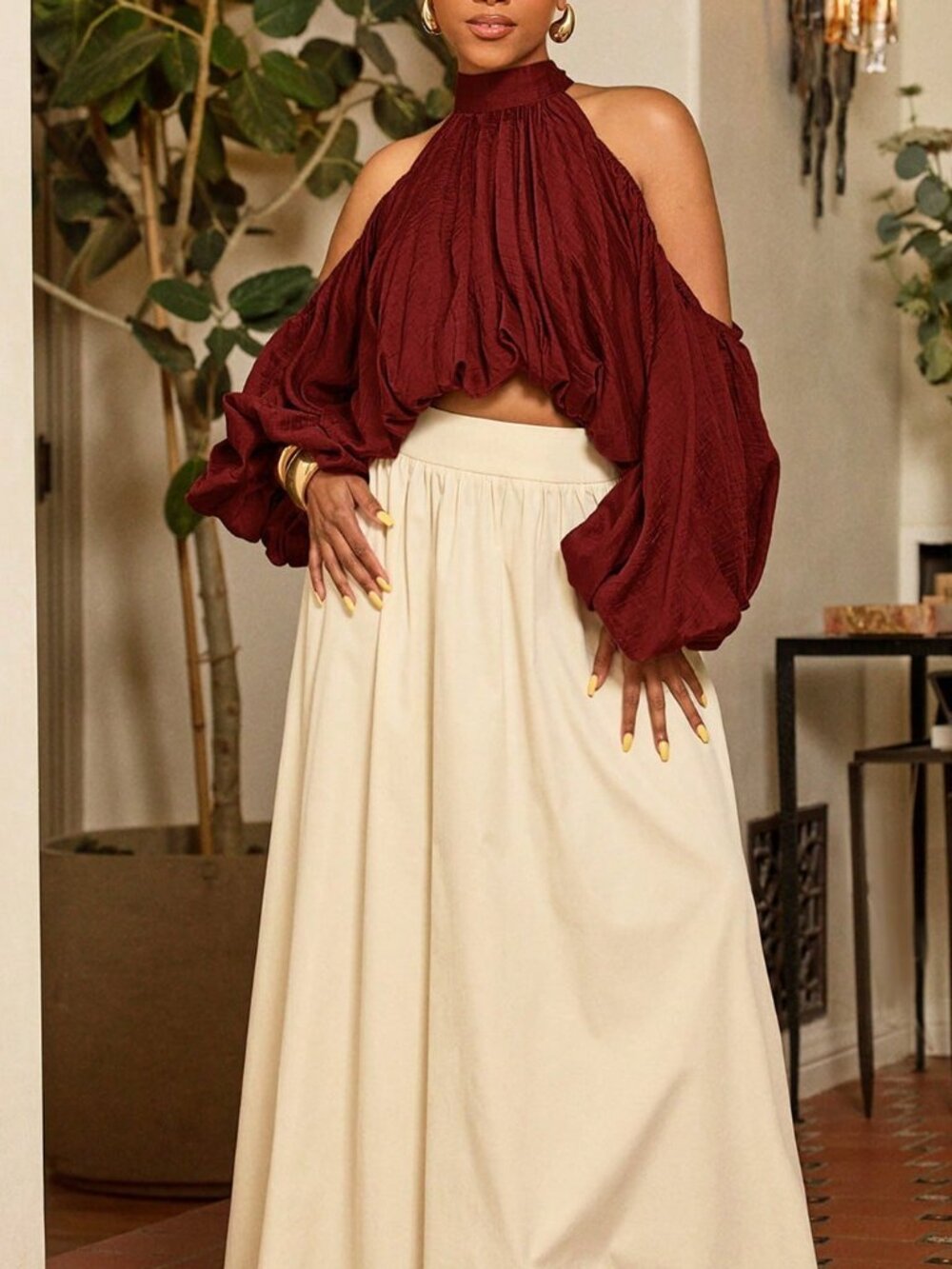 Burgundy Casual Women's Off Shoulder Elasticized Cuff Top
